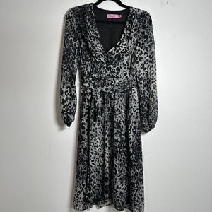 Eliza J Leopard Print Midi Dress Faux Wrap Short Sleeve Metallic Size 6